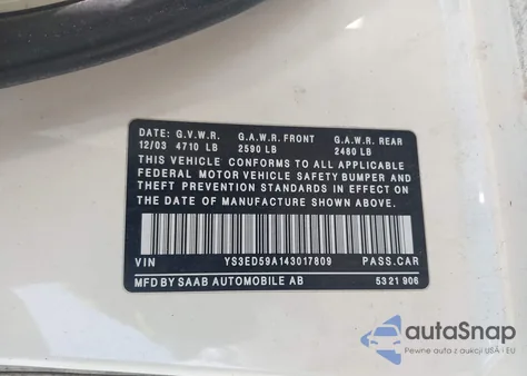 2004 Saab 9-5 Arc из США, поврежденный, VIN YS3ED59A143017809